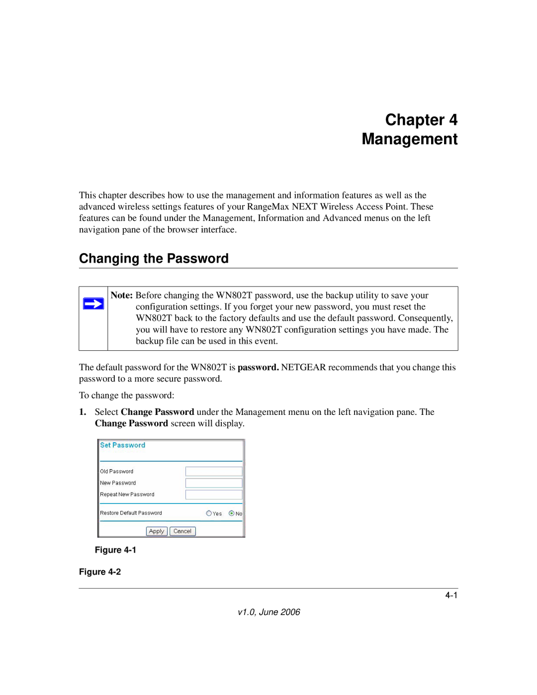 NETGEAR WN802T manual Chapter Management, Changing the Password 