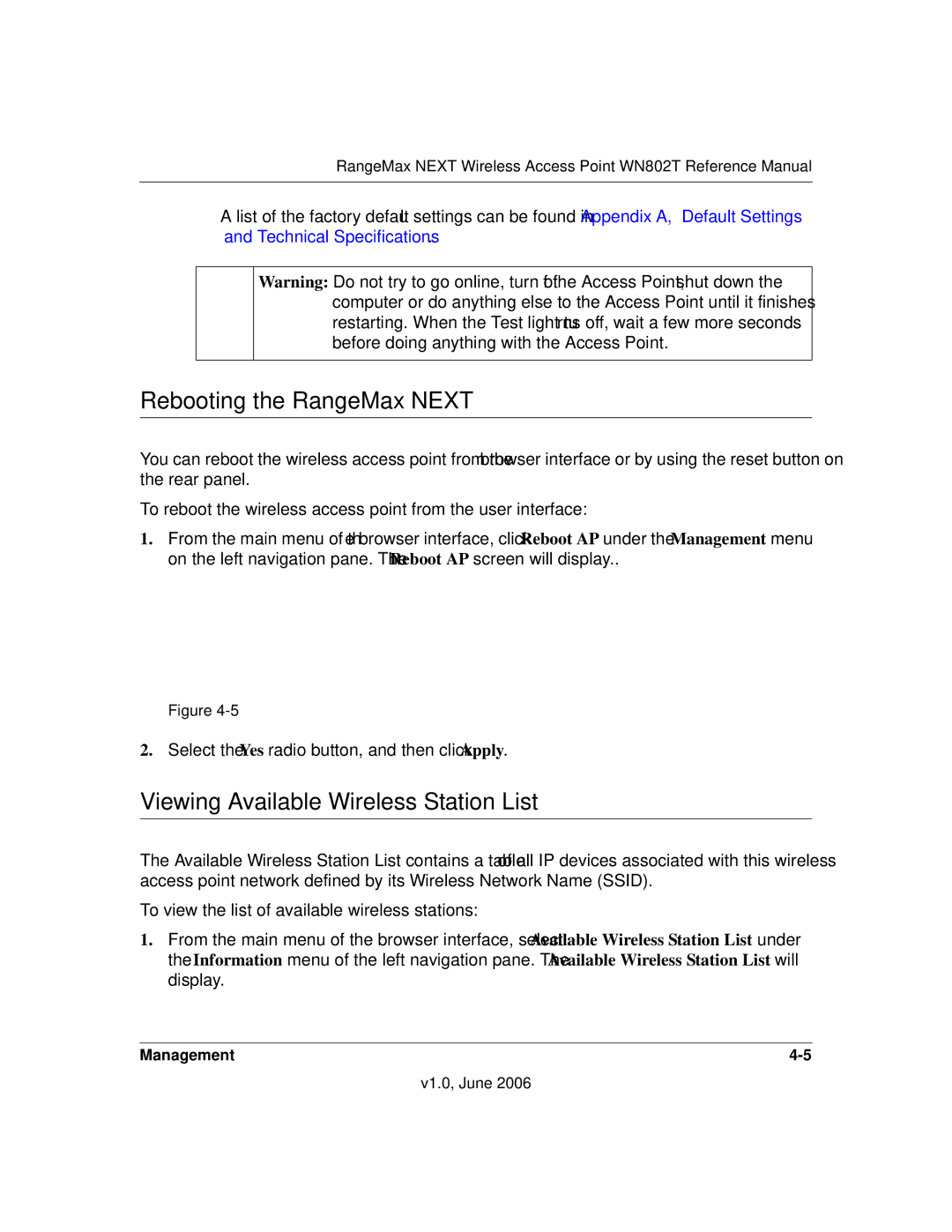 NETGEAR WN802T manual Rebooting the RangeMax Next, Viewing Available Wireless Station List 