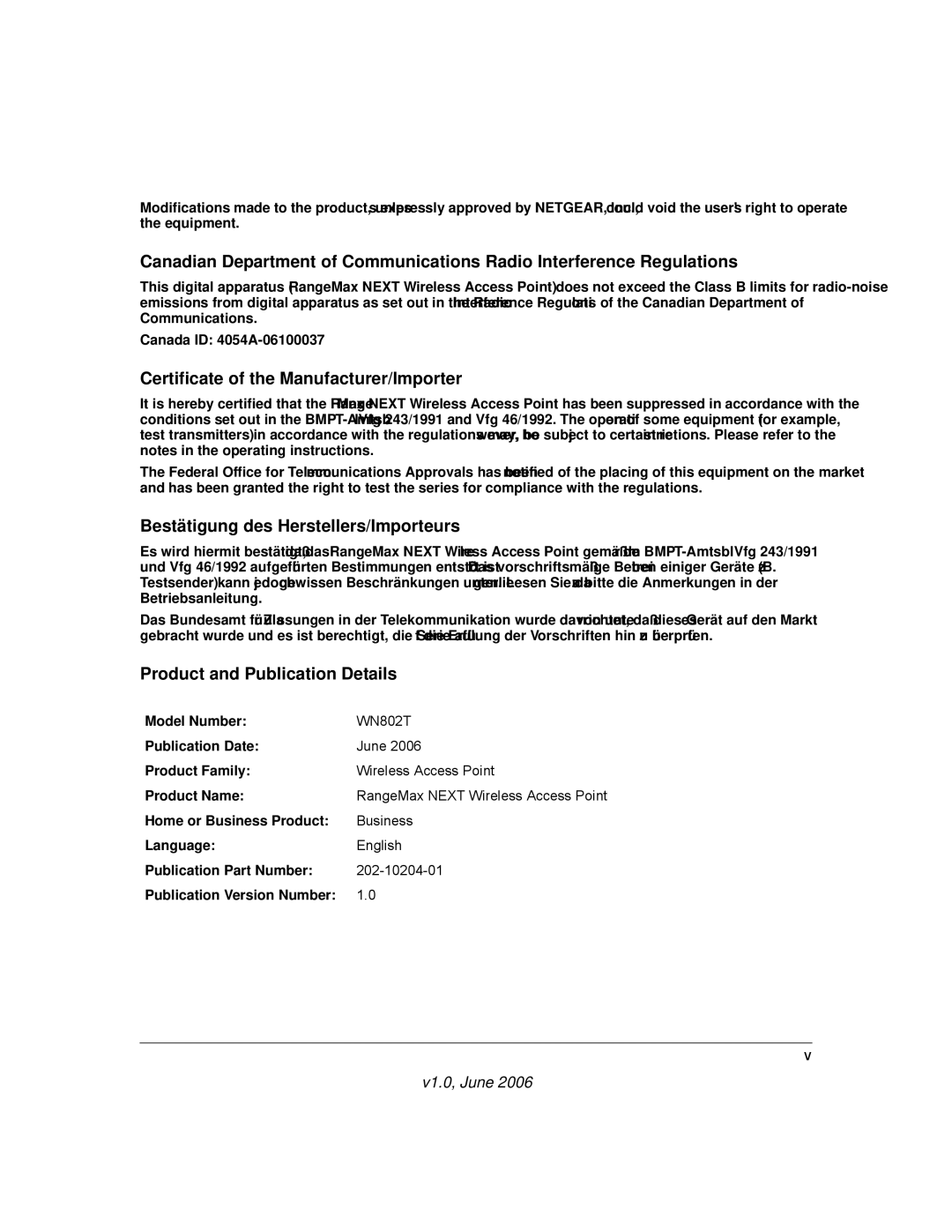 NETGEAR WN802T manual Certificate of the Manufacturer/Importer 