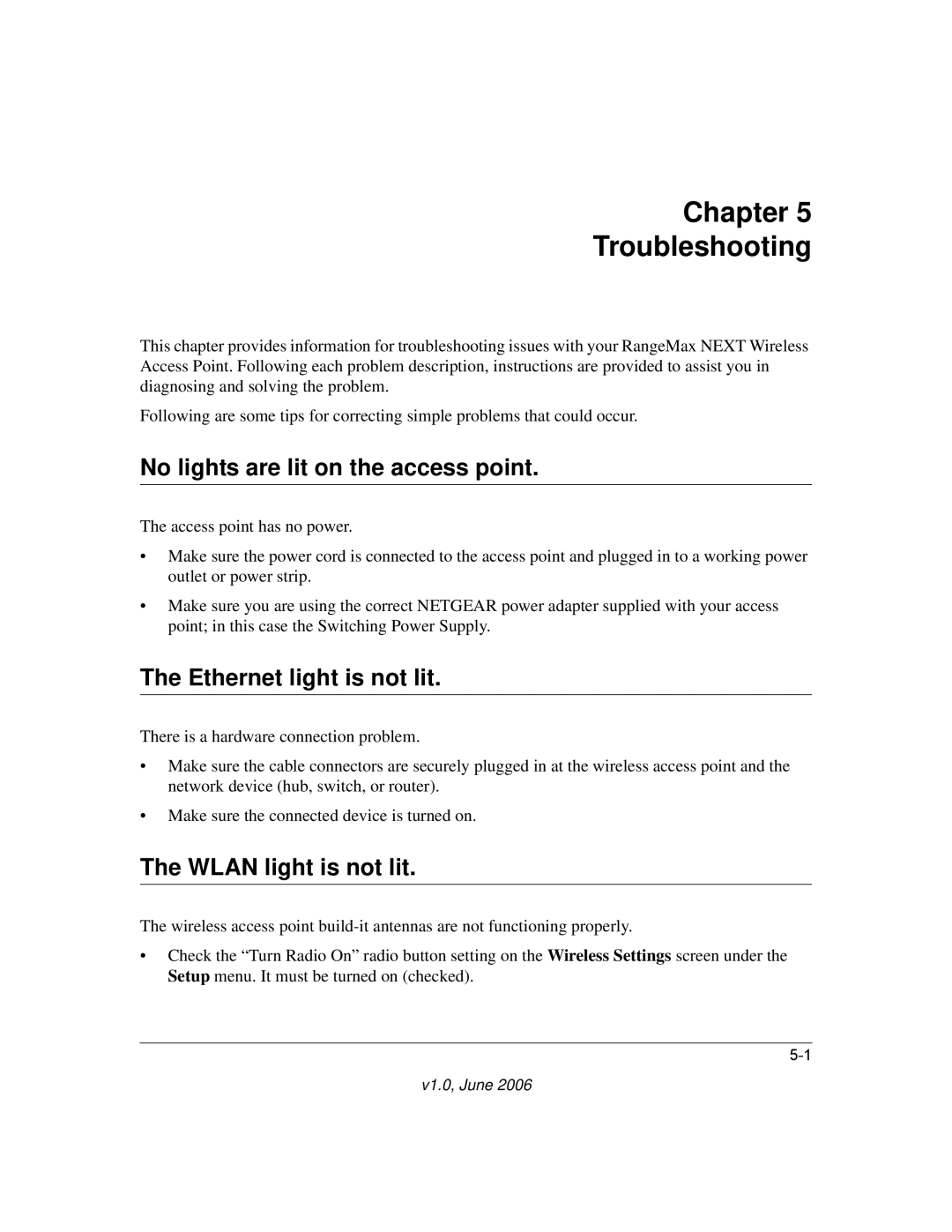 NETGEAR WN802T manual Chapter Troubleshooting, No lights are lit on the access point, Ethernet light is not lit 