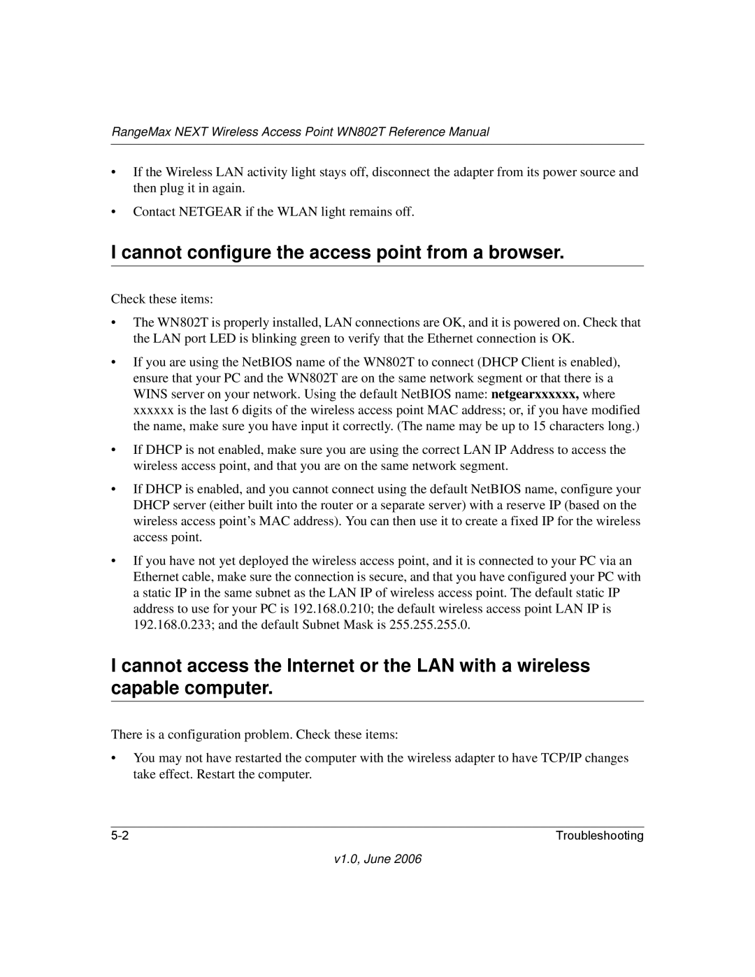 NETGEAR WN802T manual Cannot configure the access point from a browser 