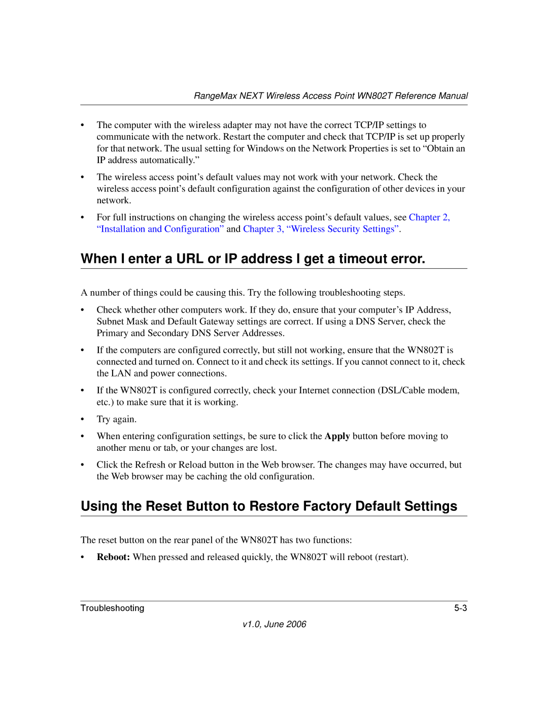 NETGEAR WN802T manual When I enter a URL or IP address I get a timeout error 