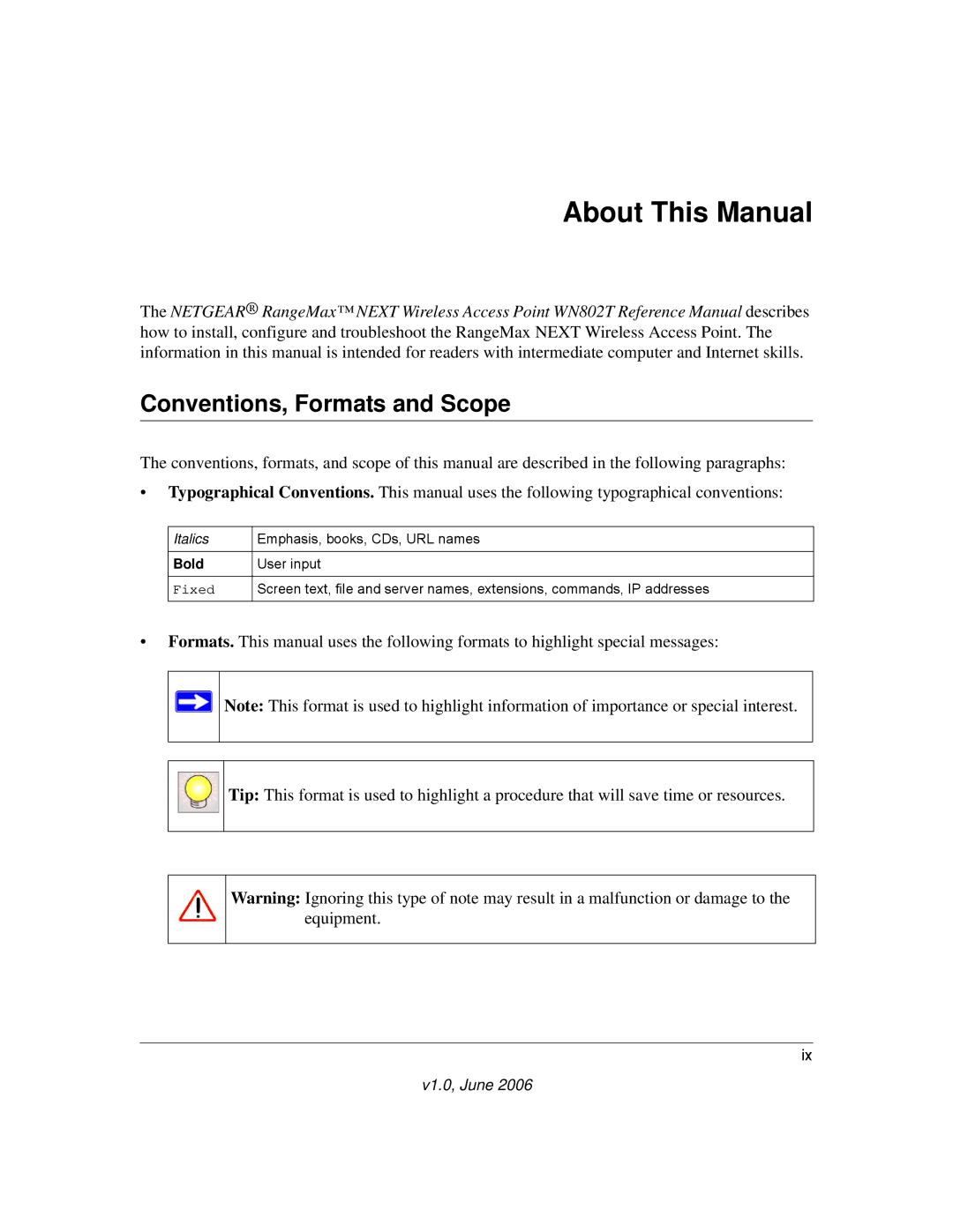 NETGEAR WN802T manual About This Manual, Conventions, Formats and Scope 