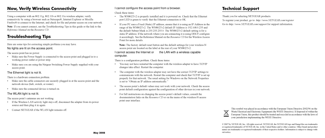 NETGEAR WN802Tv2 manual Now, Verify Wireless Connectivity, Troubleshooting Tips, Technical Support 