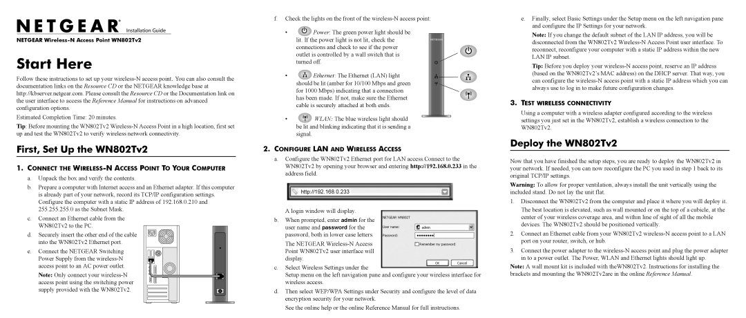 NETGEAR manual First, Set Up the WN802Tv2, Deploy the WN802Tv2, Start Here, Configure Lan And Wireless Access 
