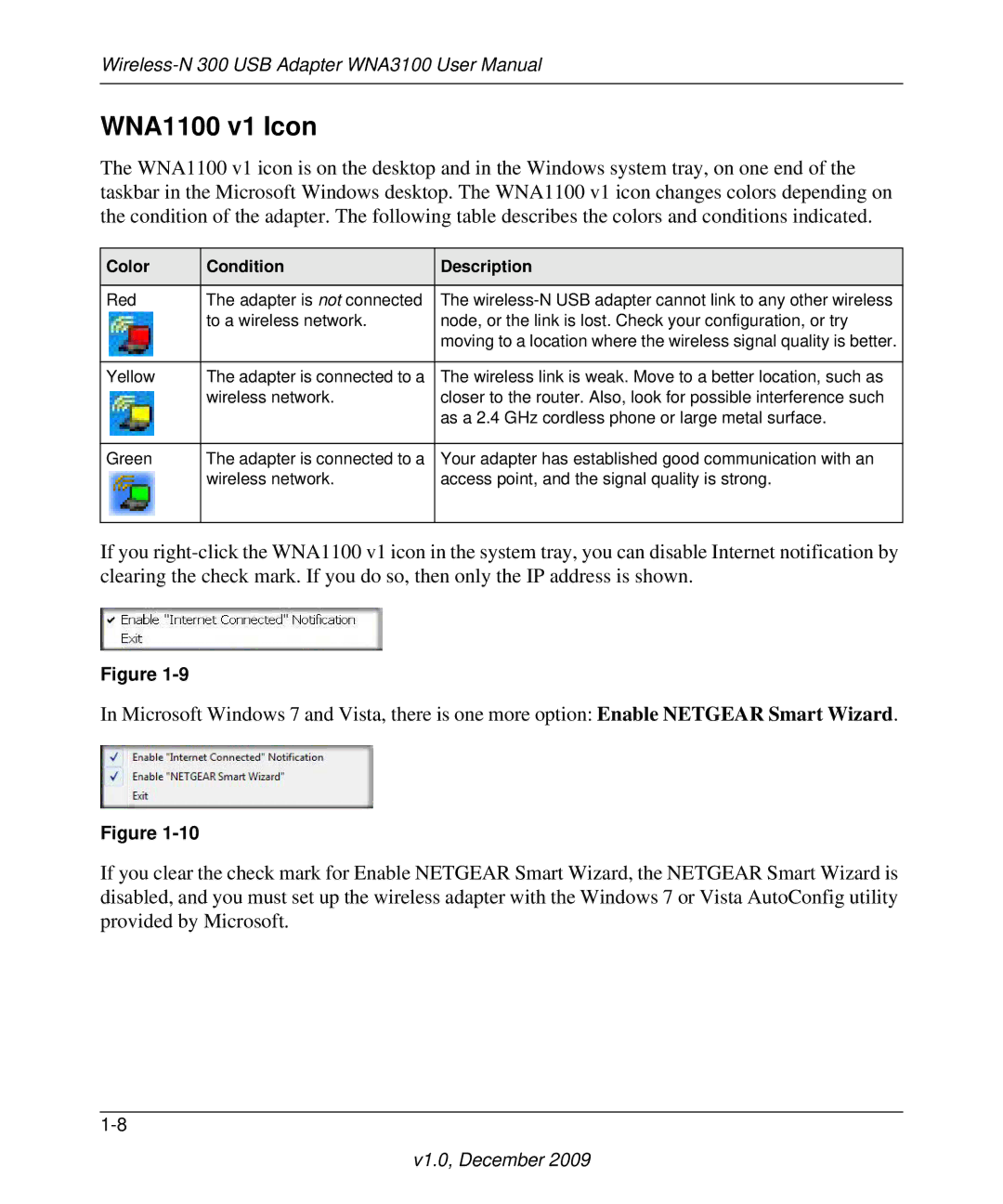 NETGEAR WNA1100-100ENS user manual WNA1100 v1 Icon, Color Condition Description 