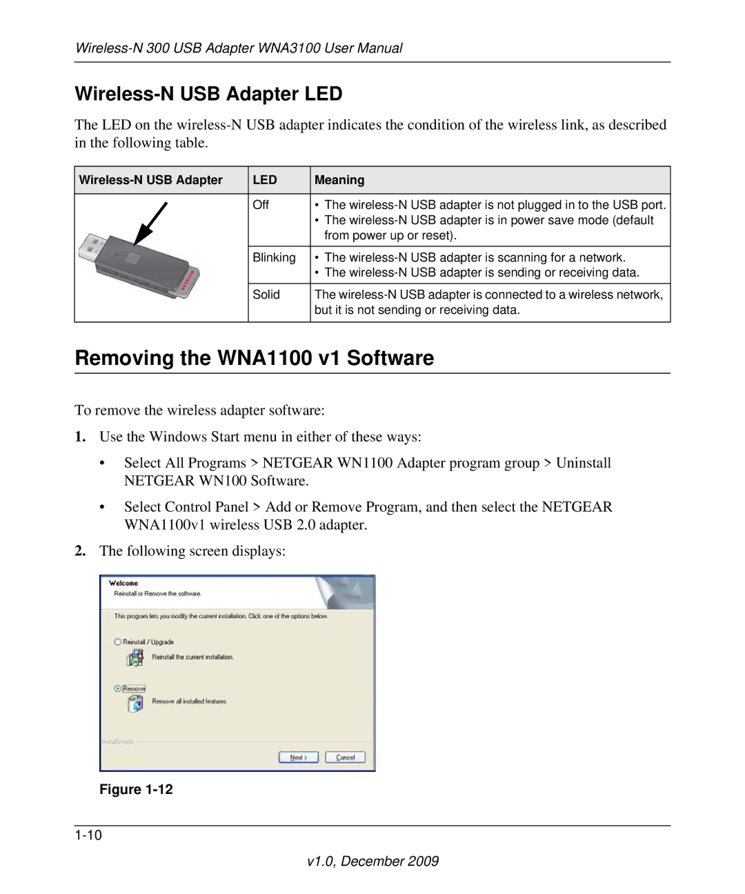 NETGEAR WNA1100-100ENS user manual Removing the WNA1100 v1 Software, Wireless-N USB Adapter LED, Meaning 