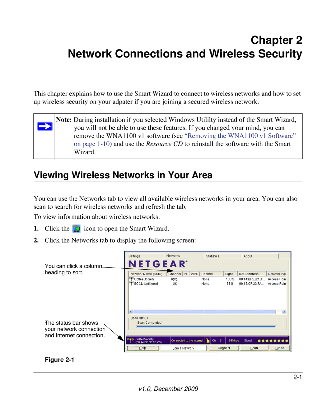 NETGEAR WNA1100-100ENS user manual Network Connections and Wireless Security, Viewing Wireless Networks in Your Area 