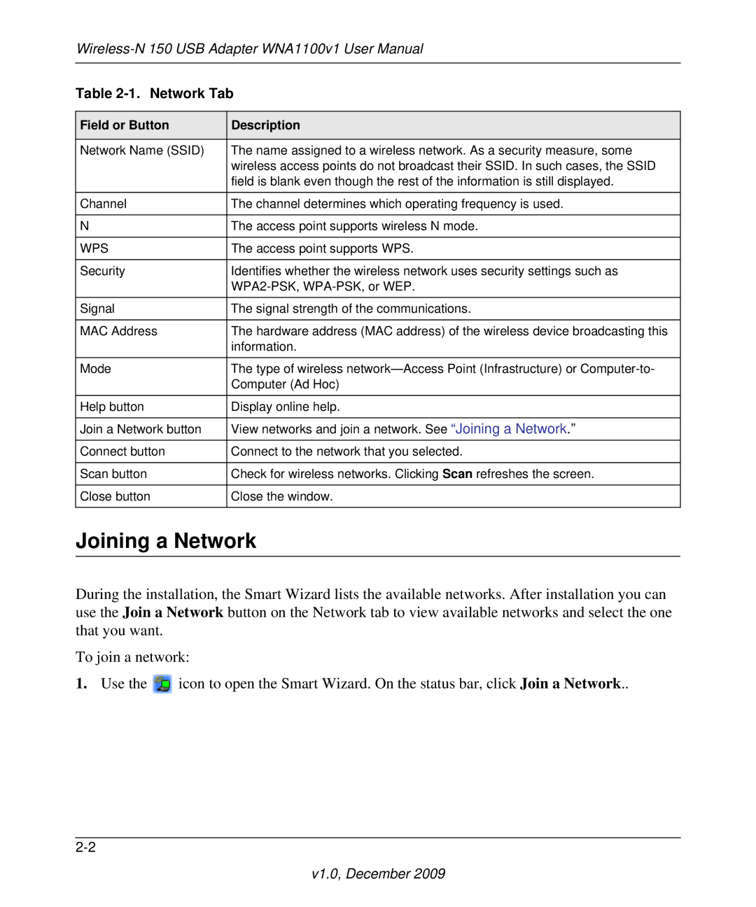 NETGEAR WNA1100-100ENS user manual Joining a Network, Network Tab, Field or Button Description 