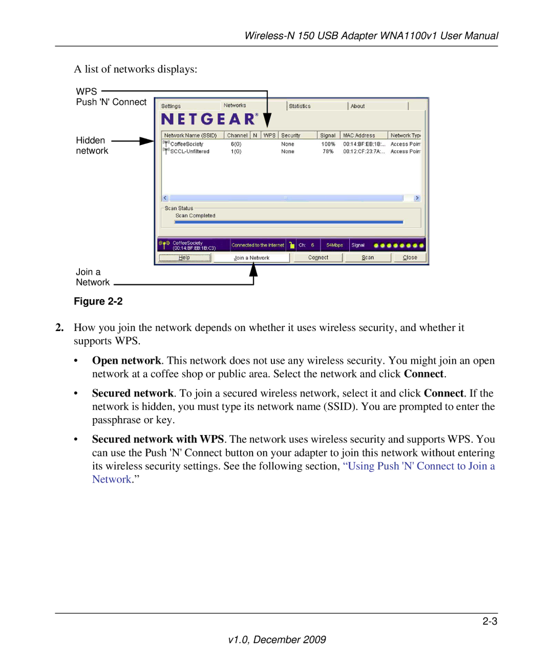 NETGEAR WNA1100-100ENS user manual List of networks displays 