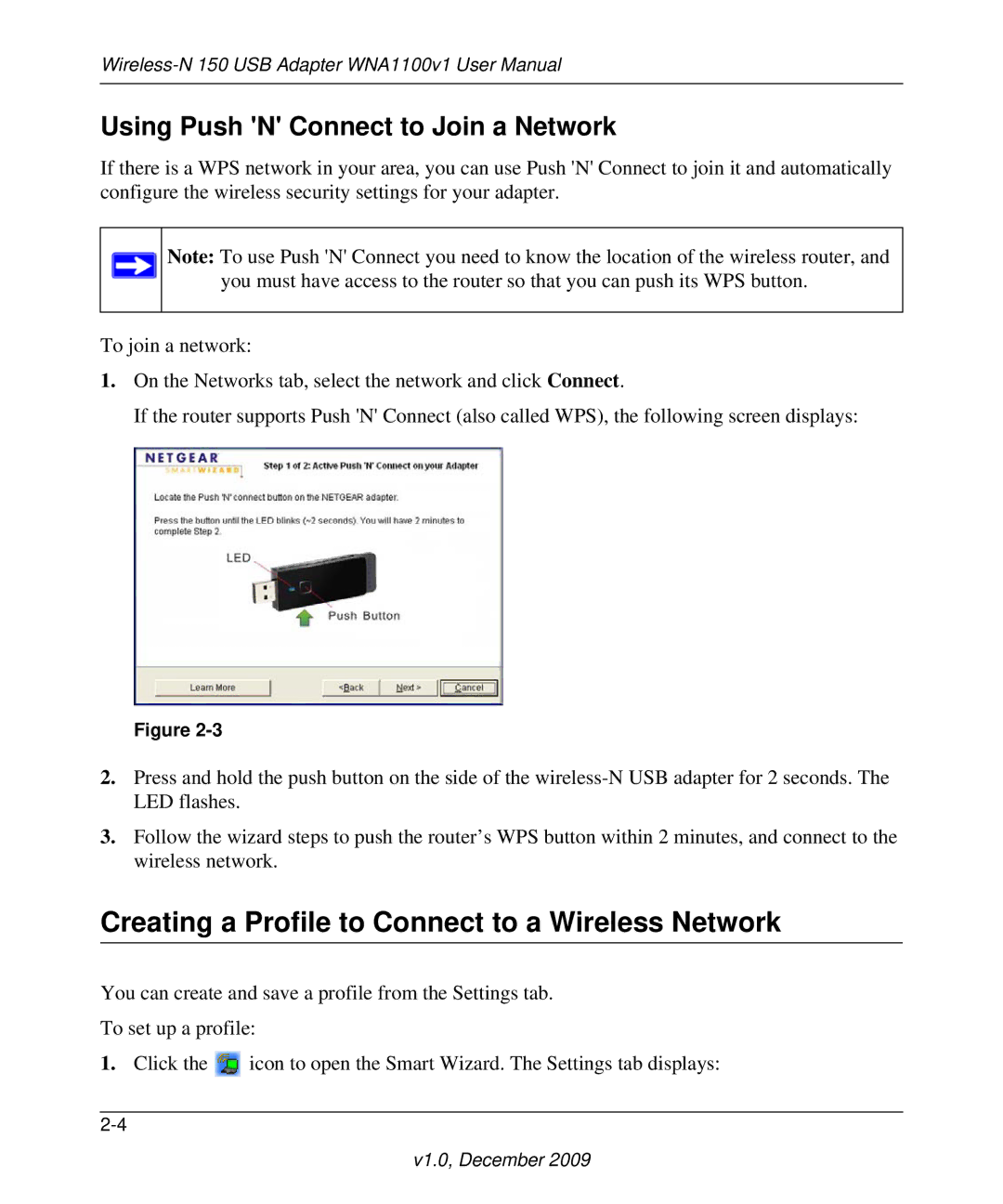 NETGEAR WNA1100-100ENS Creating a Profile to Connect to a Wireless Network, Using Push N Connect to Join a Network 