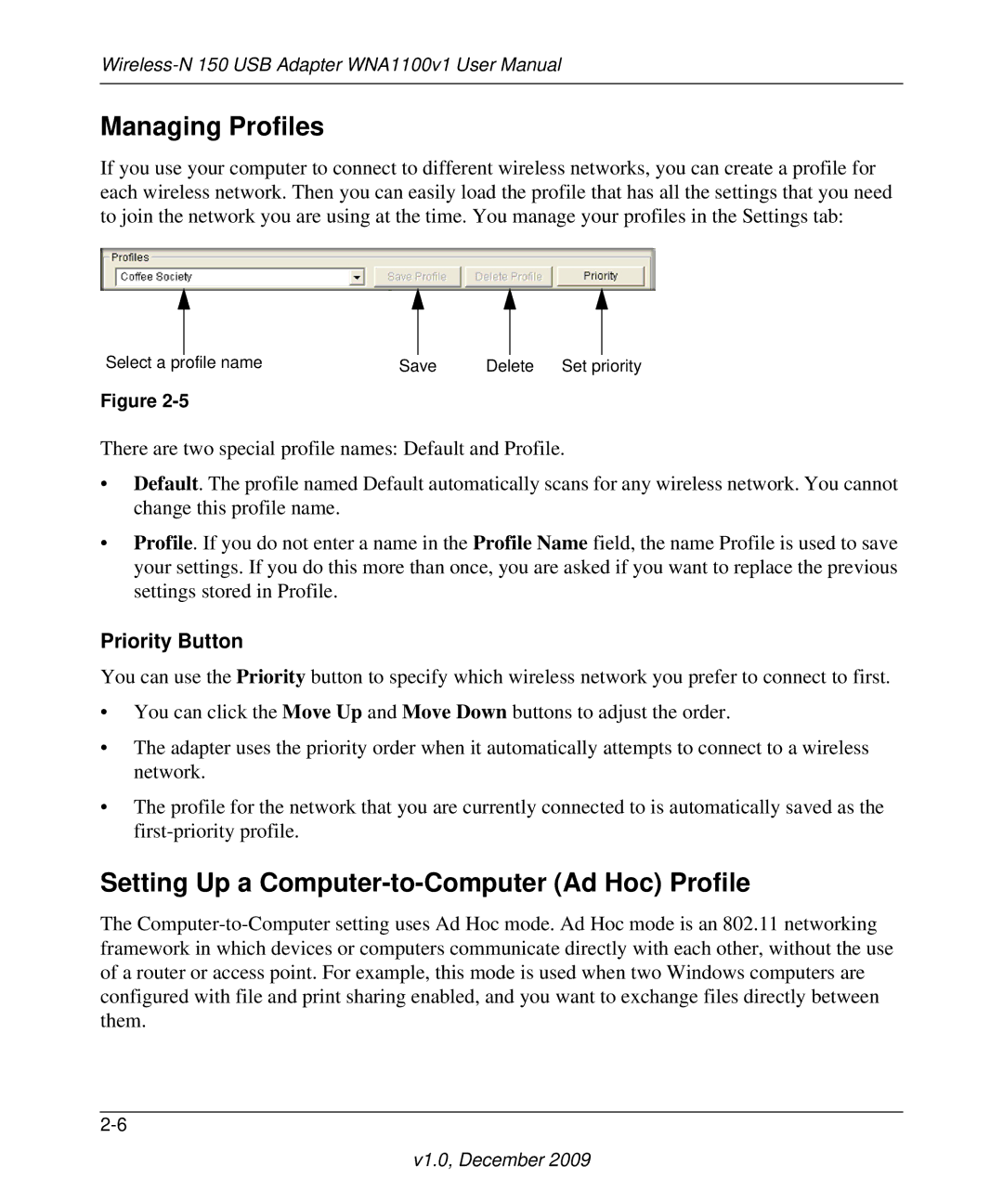 NETGEAR WNA1100-100ENS user manual Managing Profiles, Setting Up a Computer-to-Computer Ad Hoc Profile 