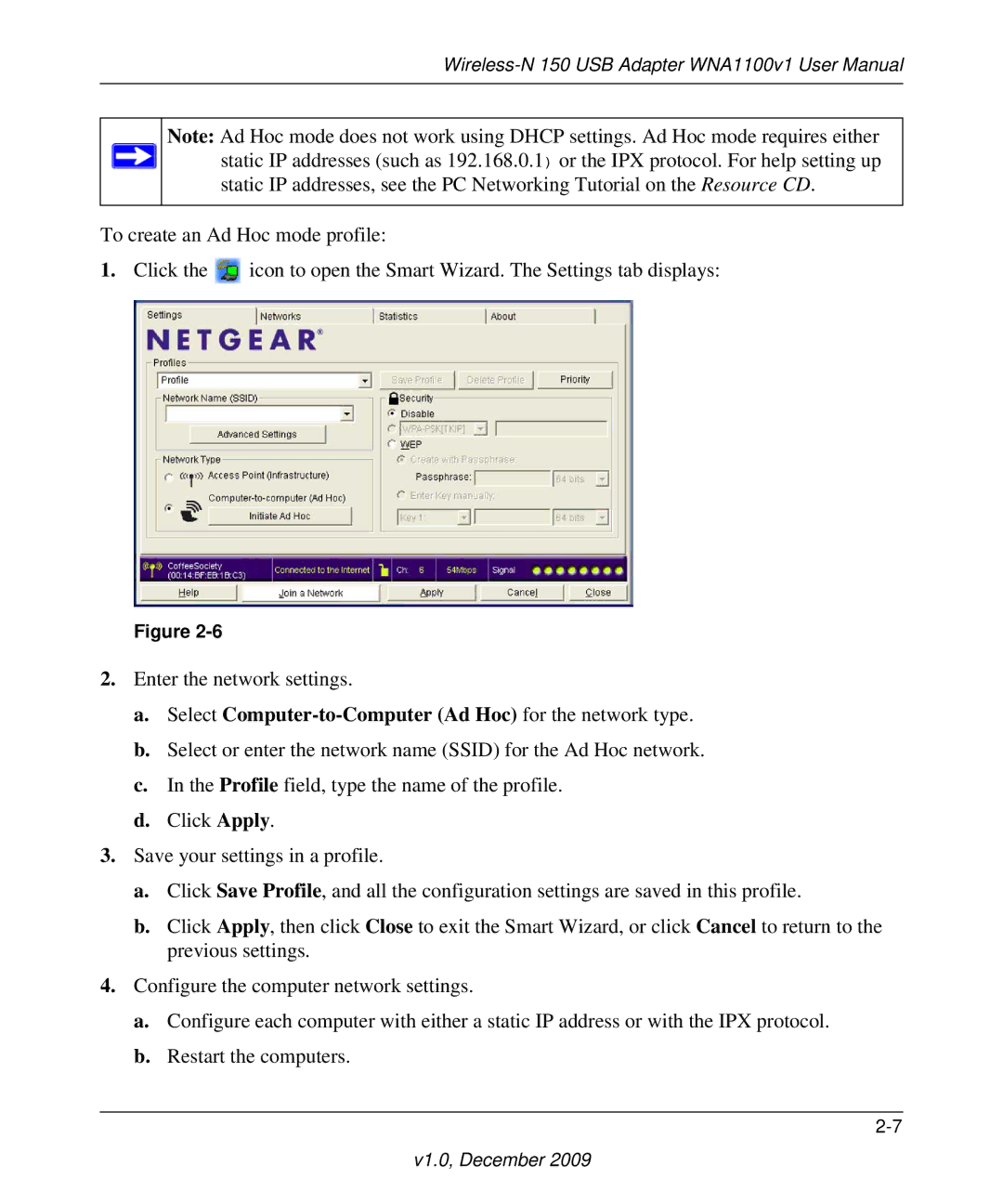 NETGEAR WNA1100-100ENS user manual Select Computer-to-Computer Ad Hoc for the network type 