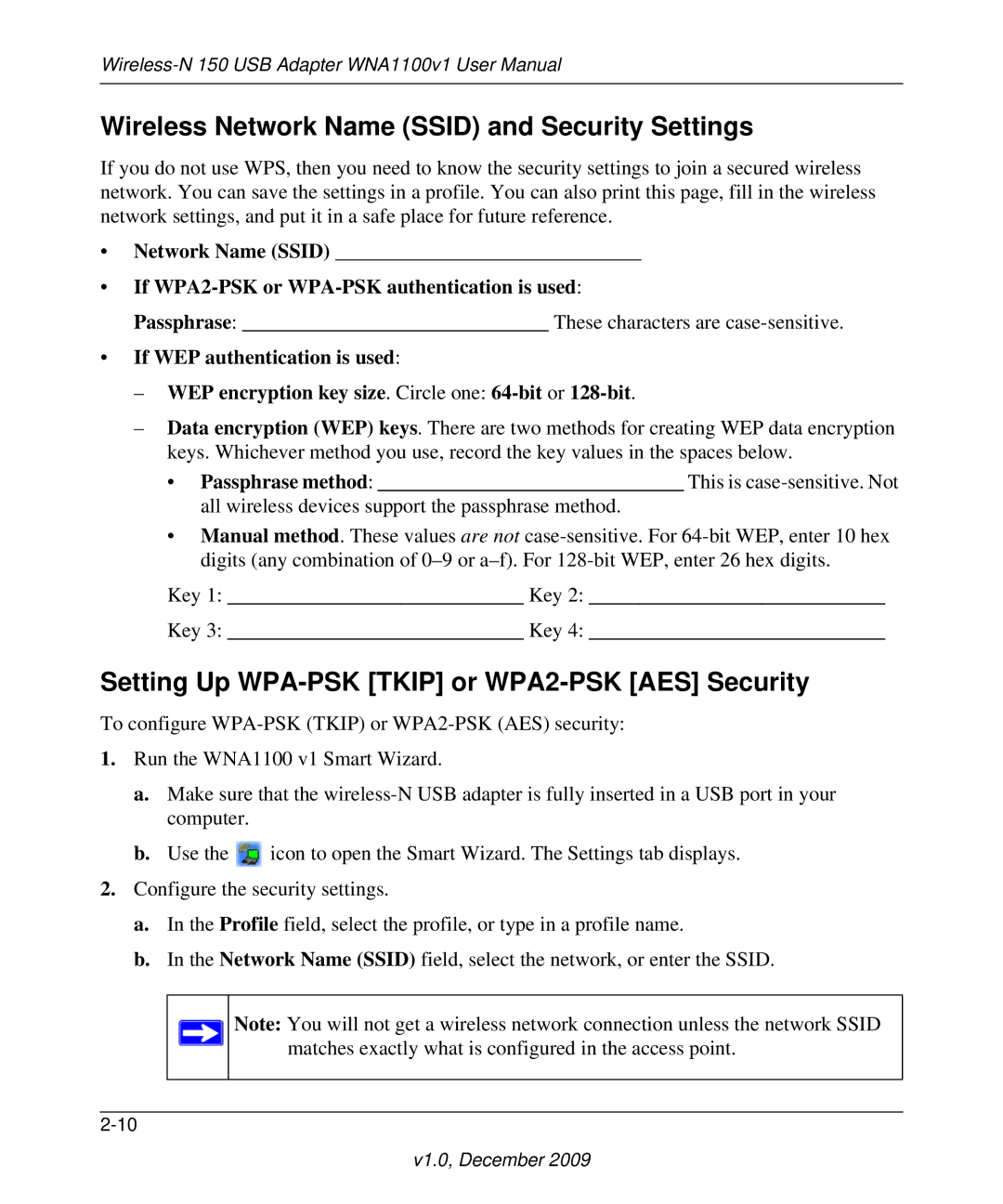 NETGEAR WNA1100-100ENS Wireless Network Name Ssid and Security Settings, Setting Up WPA-PSK Tkip or WPA2-PSK AES Security 