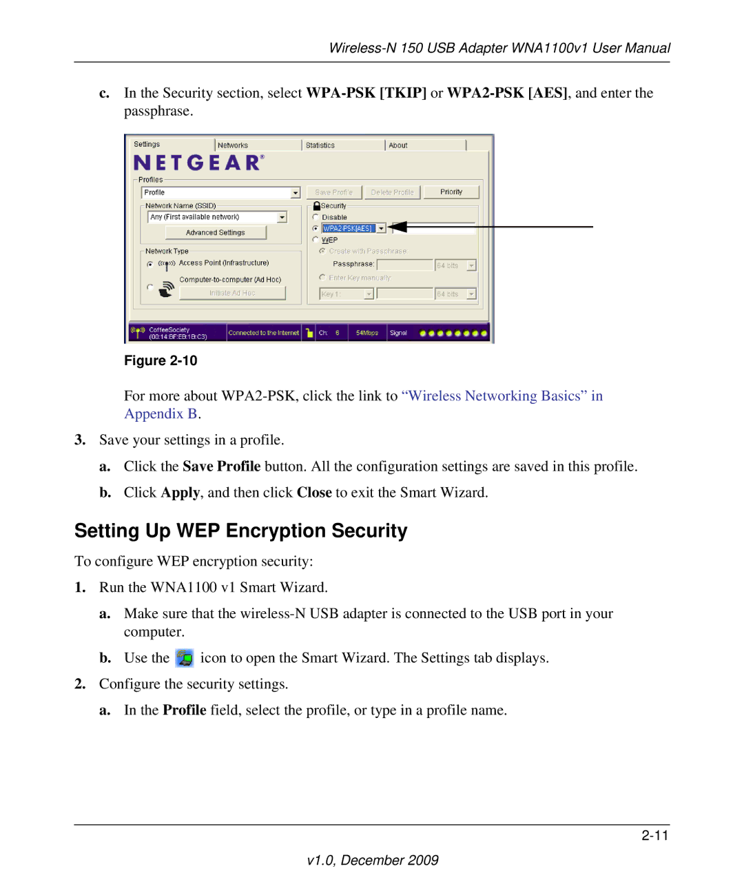 NETGEAR WNA1100-100ENS user manual Setting Up WEP Encryption Security 