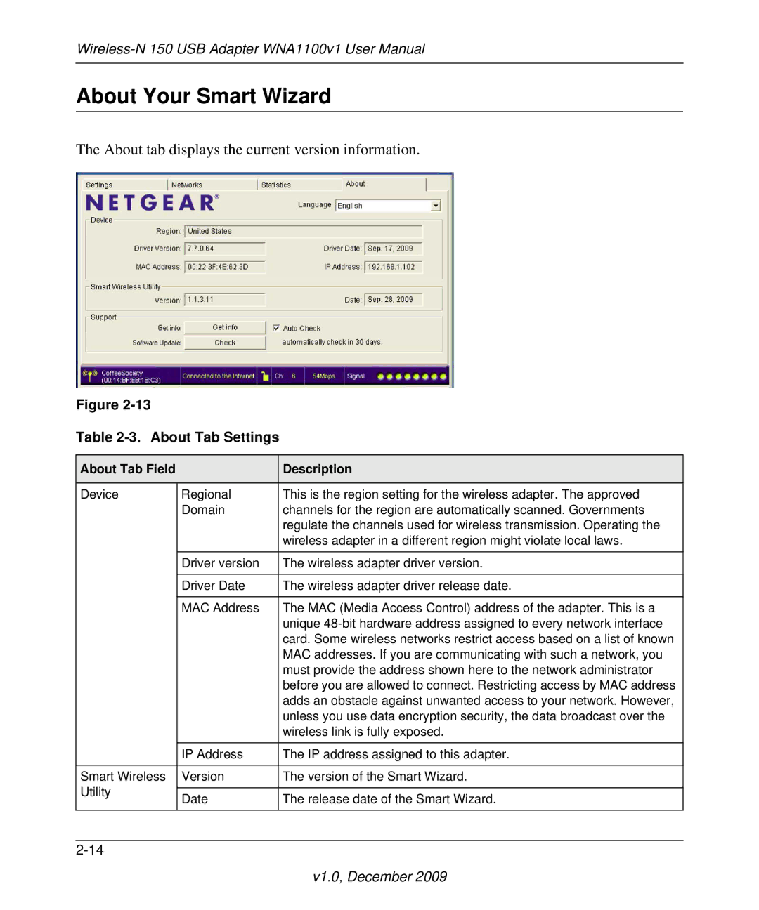 NETGEAR WNA1100-100ENS user manual About Your Smart Wizard, About Tab Settings, About Tab Field Description 