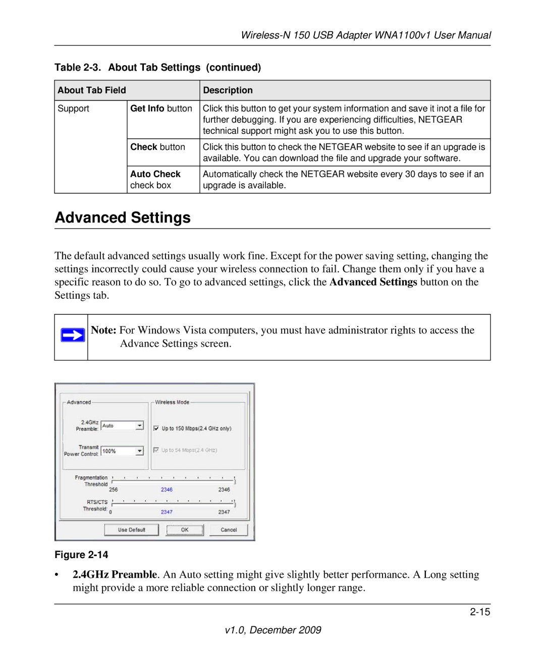 NETGEAR WNA1100-100ENS user manual Advanced Settings, Get Info button, Check button, Auto Check 