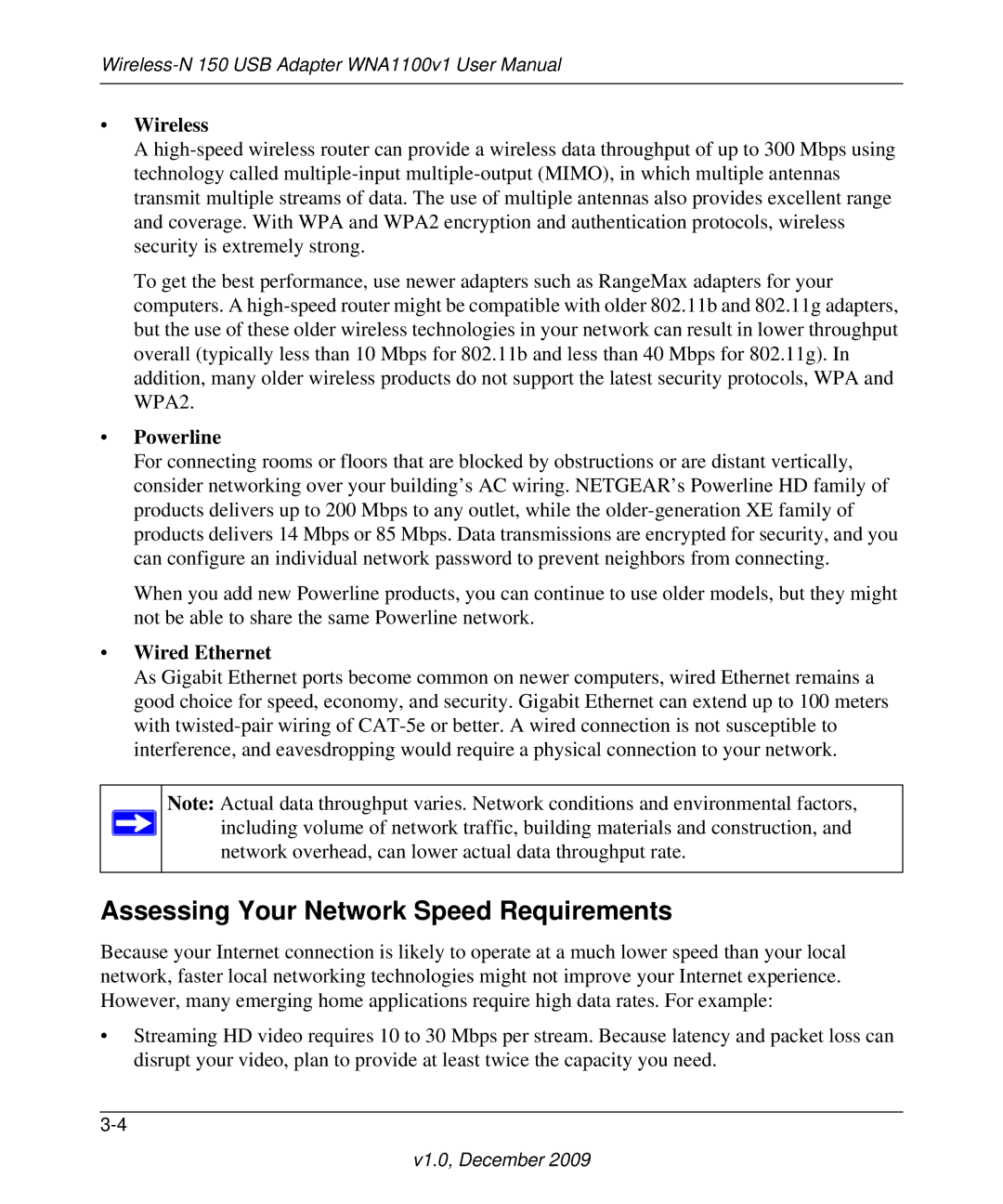 NETGEAR WNA1100-100ENS user manual Assessing Your Network Speed Requirements, Wireless 