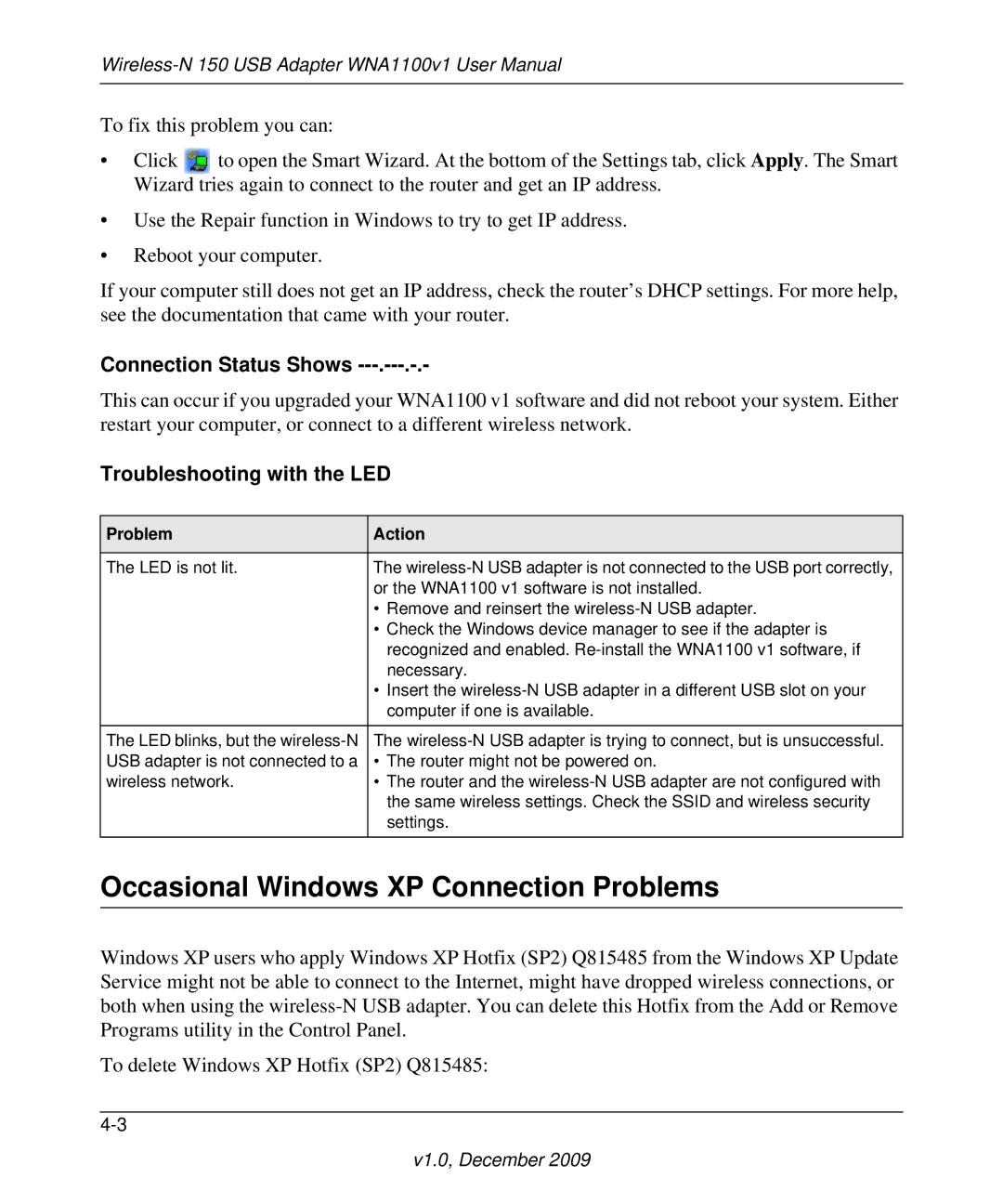 NETGEAR WNA1100-100ENS user manual Occasional Windows XP Connection Problems, Problem Action 