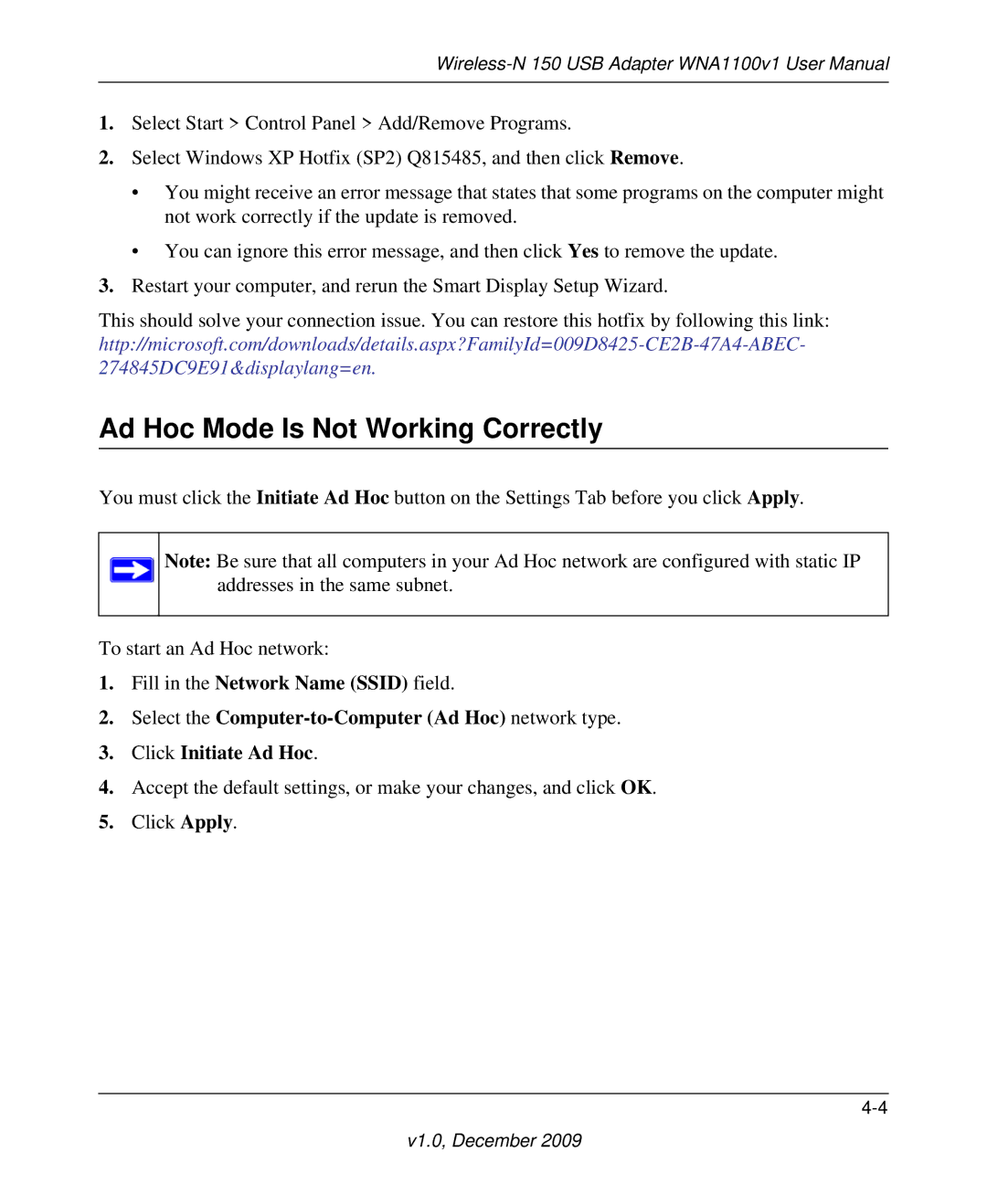 NETGEAR WNA1100-100ENS user manual Ad Hoc Mode Is Not Working Correctly 