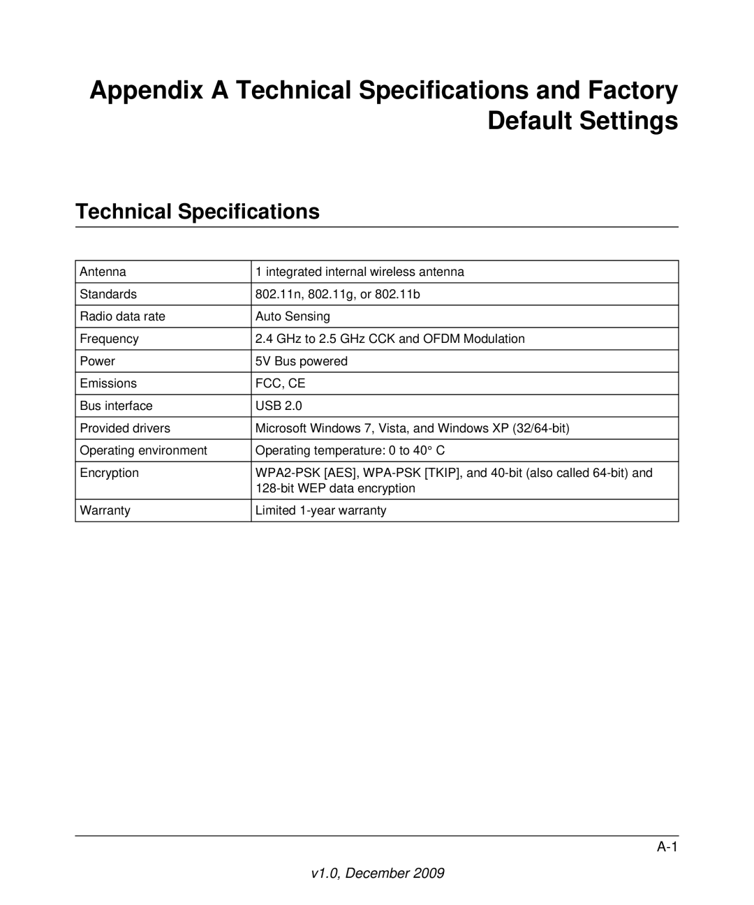 NETGEAR WNA1100-100ENS user manual Technical Specifications, Fcc, Ce 