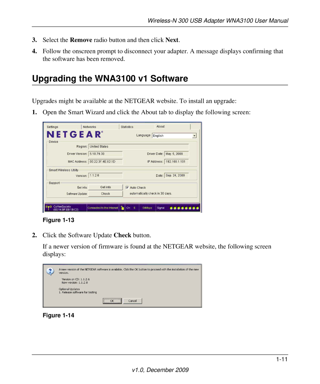 NETGEAR WNA3100-100ENS, WNA3100M-100ENS user manual Upgrading the WNA3100 v1 Software 