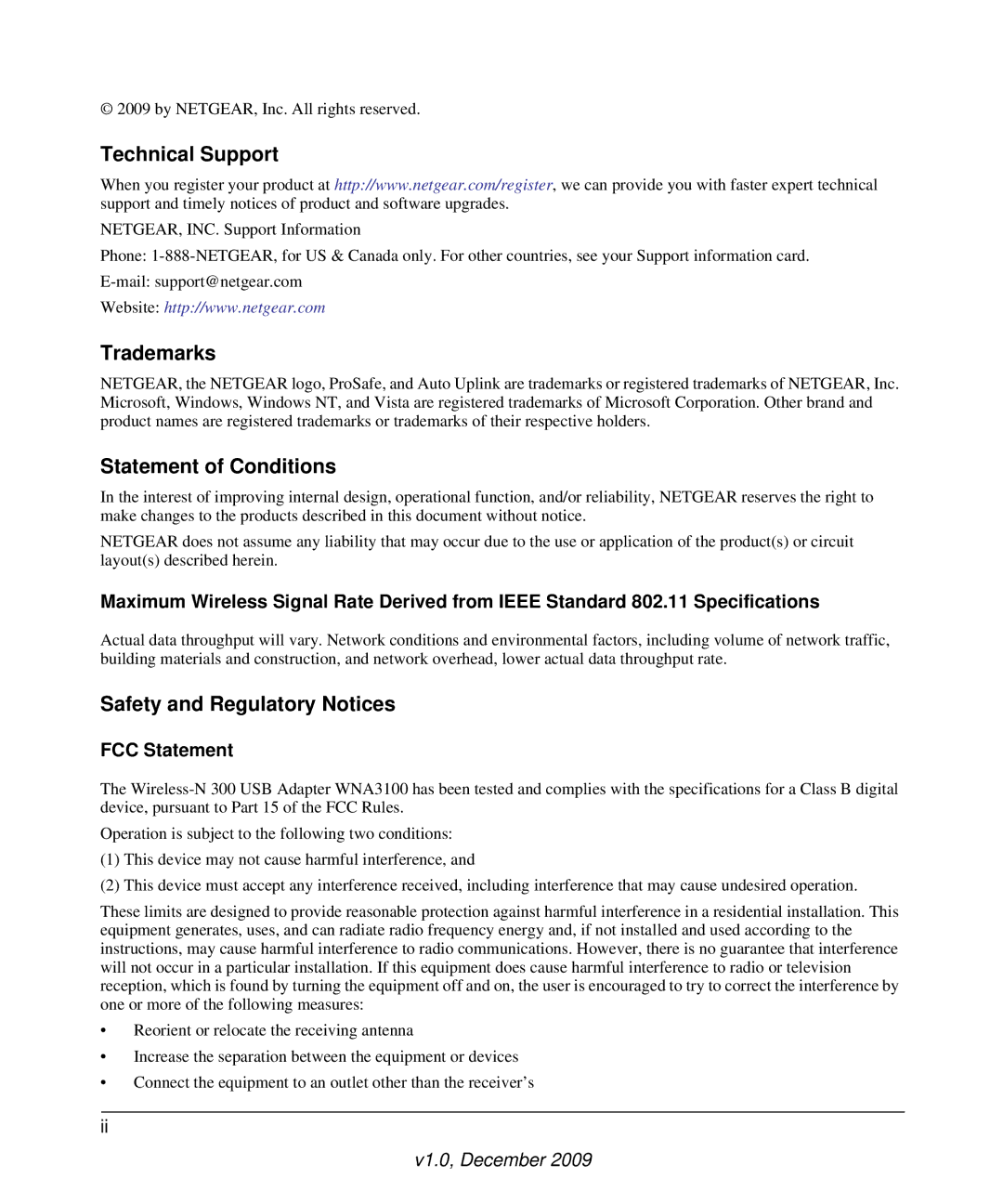 NETGEAR WNA3100M-100ENS, WNA3100-100ENS user manual Technical Support, FCC Statement 