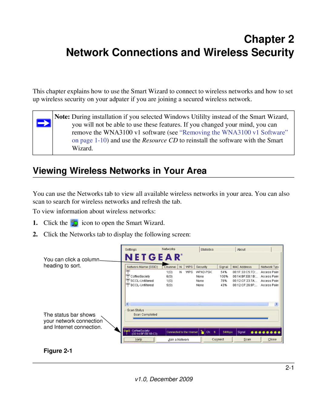 NETGEAR WNA3100-100ENS, WNA3100M-100ENS Network Connections and Wireless Security, Viewing Wireless Networks in Your Area 