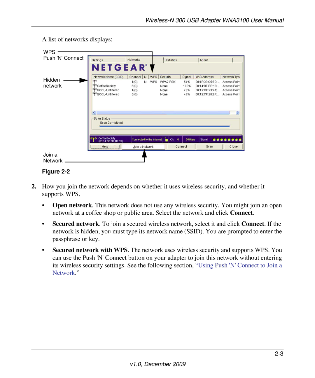 NETGEAR WNA3100-100ENS, WNA3100M-100ENS user manual List of networks displays 