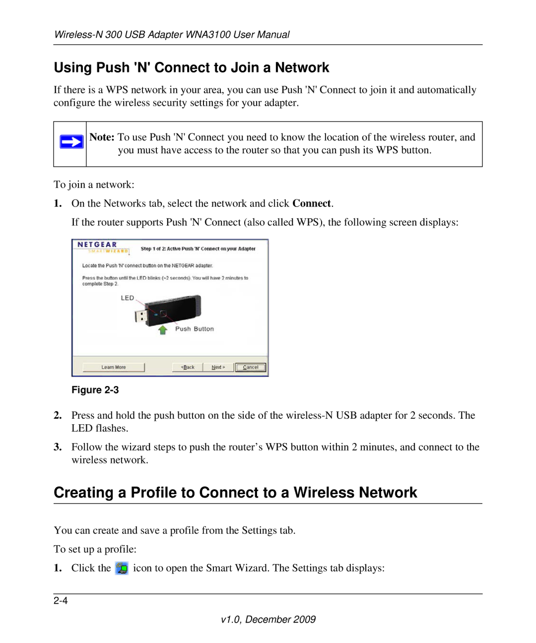 NETGEAR WNA3100M-100ENS Creating a Profile to Connect to a Wireless Network, Using Push N Connect to Join a Network 