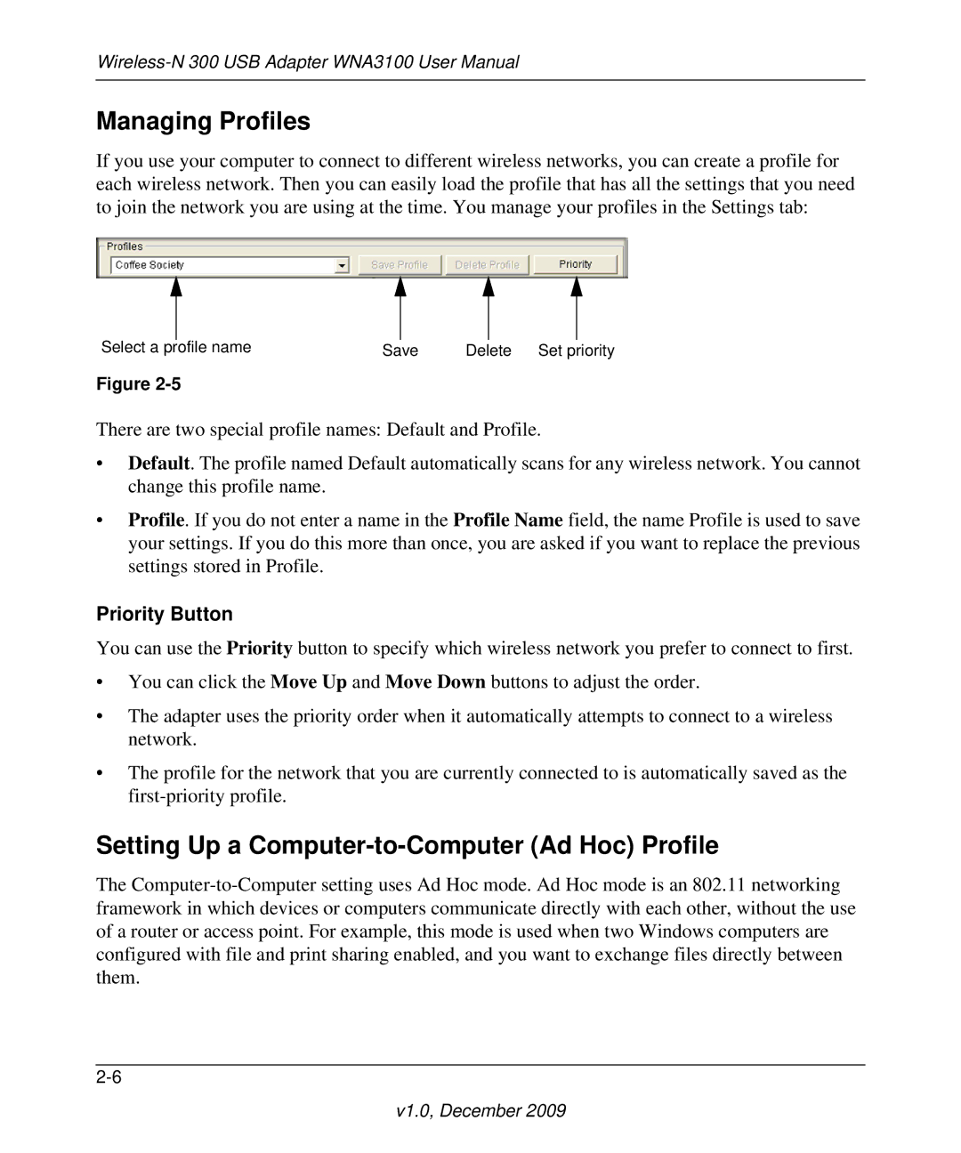 NETGEAR WNA3100M-100ENS, WNA3100-100ENS user manual Managing Profiles, Setting Up a Computer-to-Computer Ad Hoc Profile 