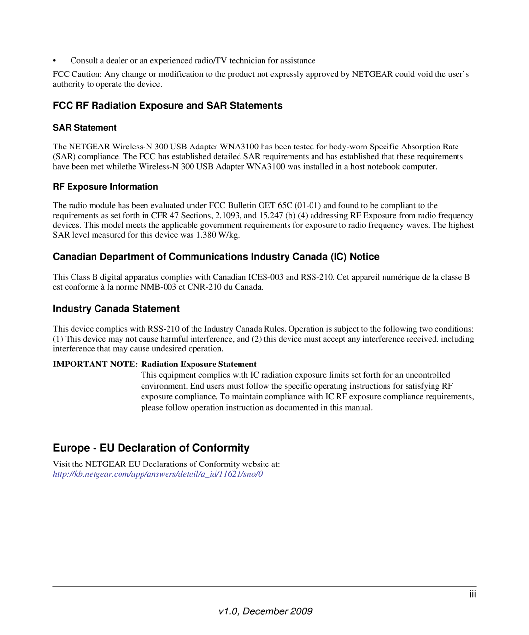 NETGEAR WNA3100-100ENS FCC RF Radiation Exposure and SAR Statements, Industry Canada Statement, RF Exposure Information 