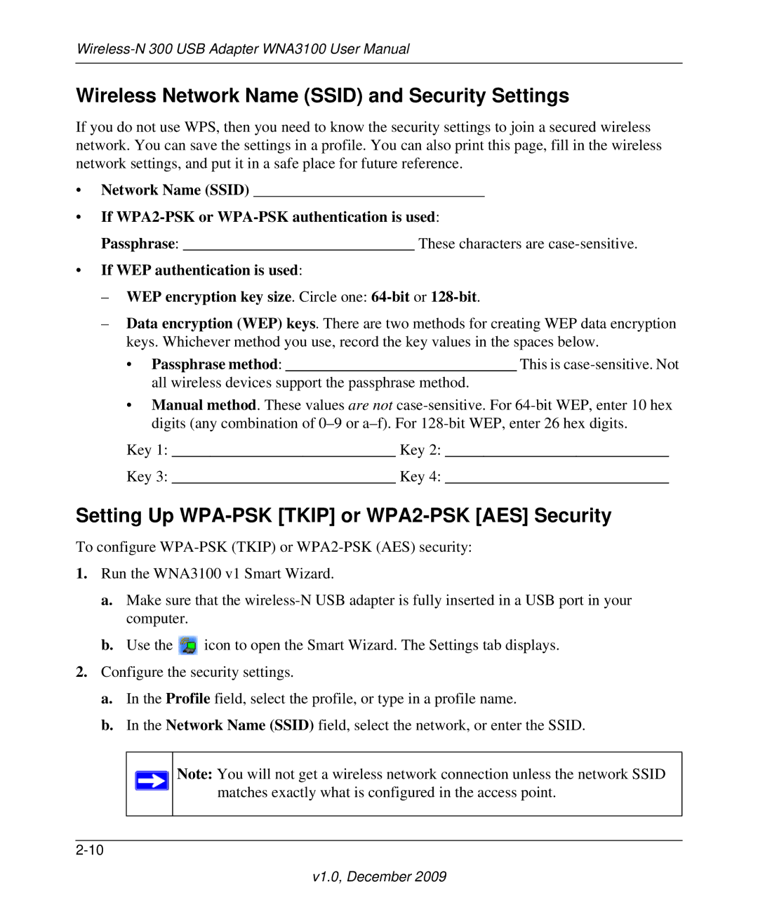 NETGEAR WNA3100M-100ENS Wireless Network Name Ssid and Security Settings, Setting Up WPA-PSK Tkip or WPA2-PSK AES Security 