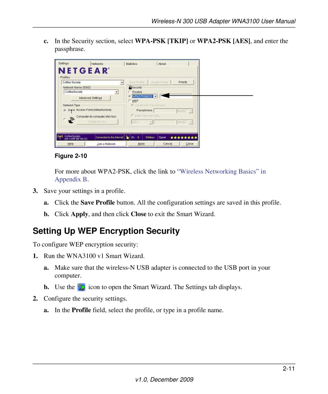 NETGEAR WNA3100-100ENS, WNA3100M-100ENS user manual Setting Up WEP Encryption Security 