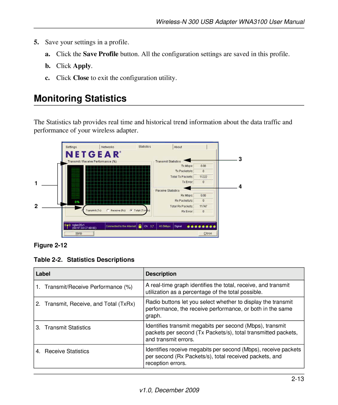 NETGEAR WNA3100-100ENS, WNA3100M-100ENS user manual Monitoring Statistics, Statistics Descriptions, Label Description 