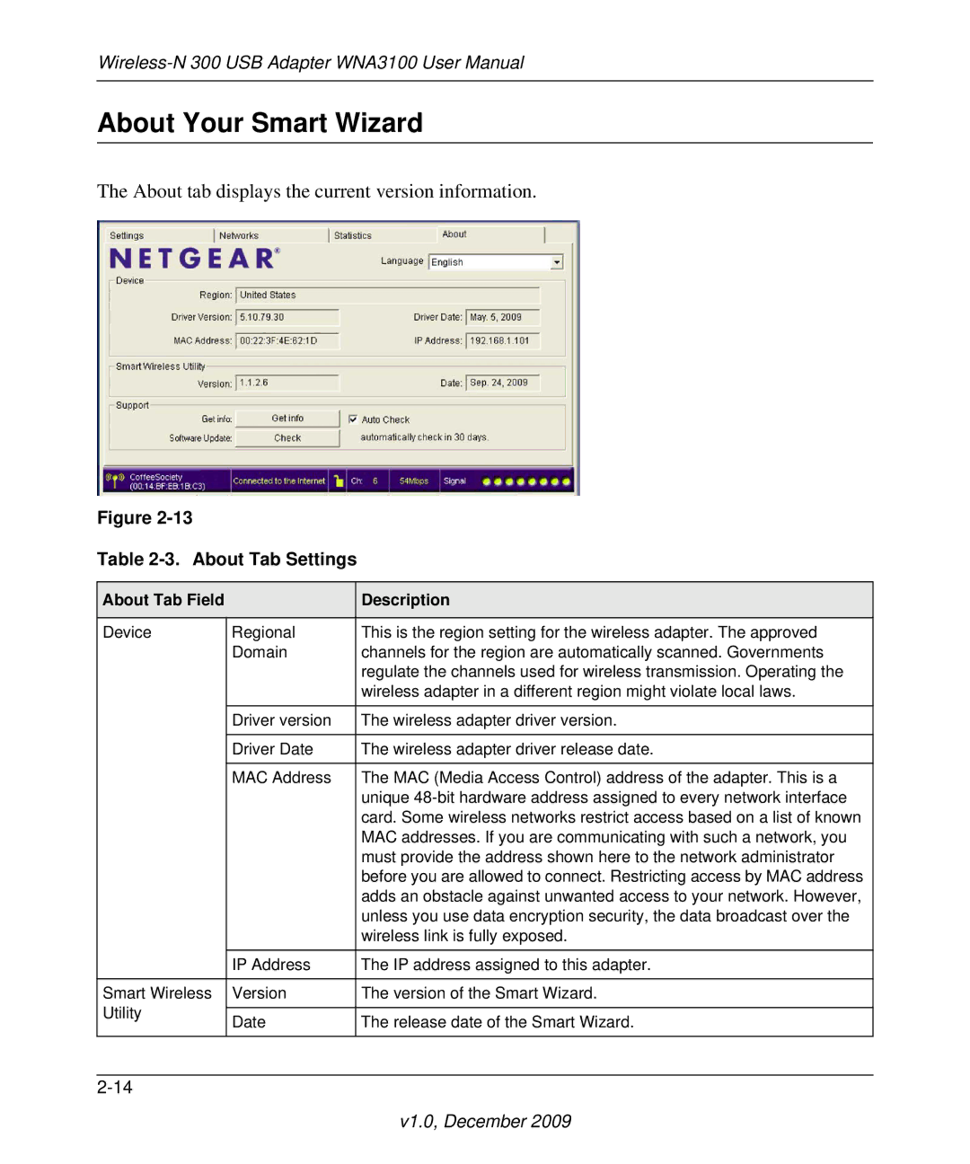 NETGEAR WNA3100M-100ENS, WNA3100-100ENS user manual About Your Smart Wizard, About Tab Settings, About Tab Field Description 