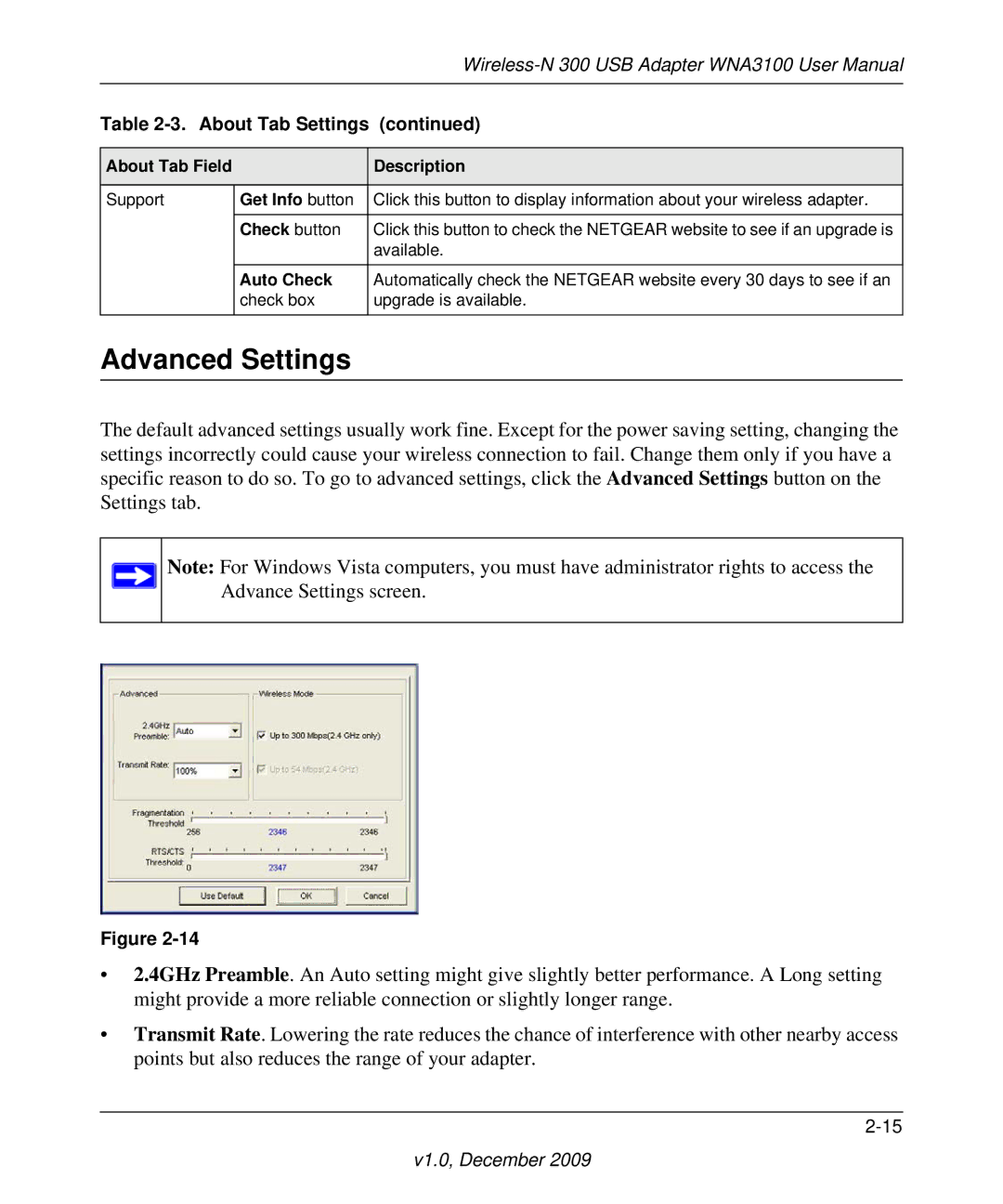 NETGEAR WNA3100-100ENS, WNA3100M-100ENS user manual Advanced Settings, Get Info button, Check button, Auto Check 