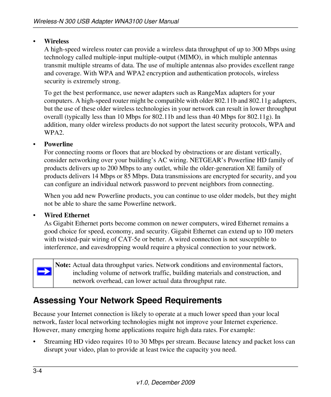 NETGEAR WNA3100M-100ENS, WNA3100-100ENS user manual Assessing Your Network Speed Requirements, Wireless 