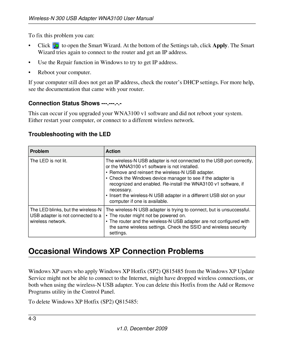 NETGEAR WNA3100M-100ENS, WNA3100-100ENS user manual Occasional Windows XP Connection Problems, Problem Action 