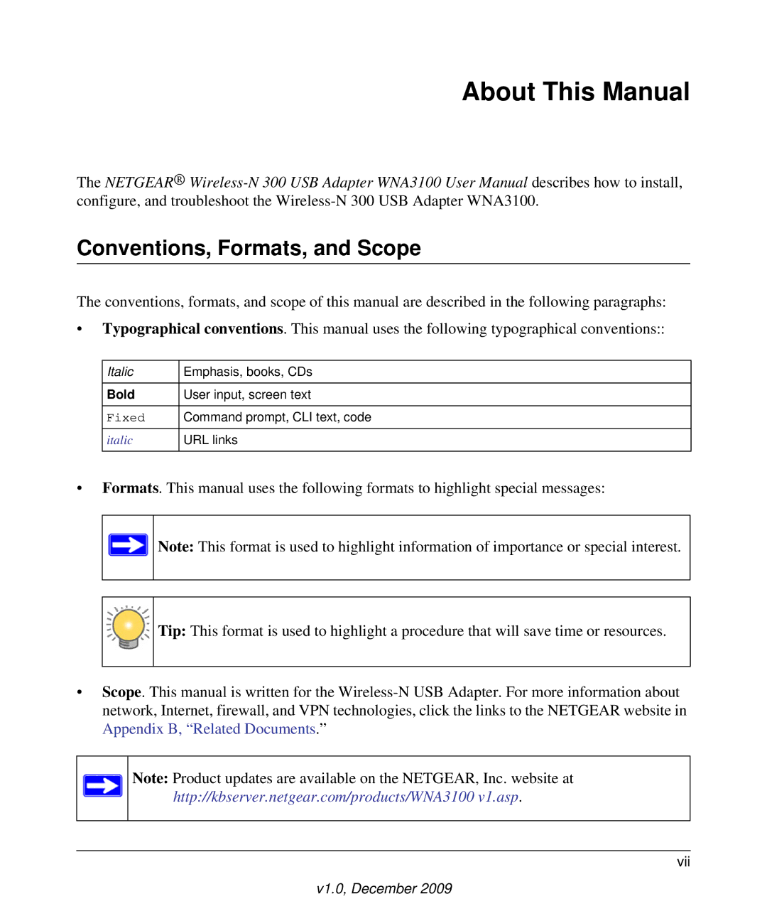 NETGEAR WNA3100-100ENS, WNA3100M-100ENS user manual About This Manual, Conventions, Formats, and Scope 