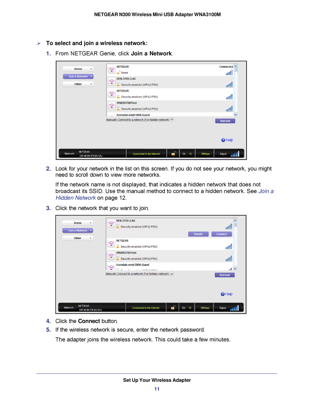 NETGEAR WNA3100M user manual  To select and join a wireless network 