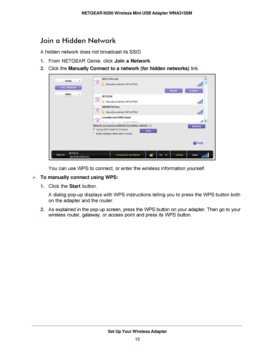 NETGEAR WNA3100M user manual Join a Hidden Network,  To manually connect using WPS 