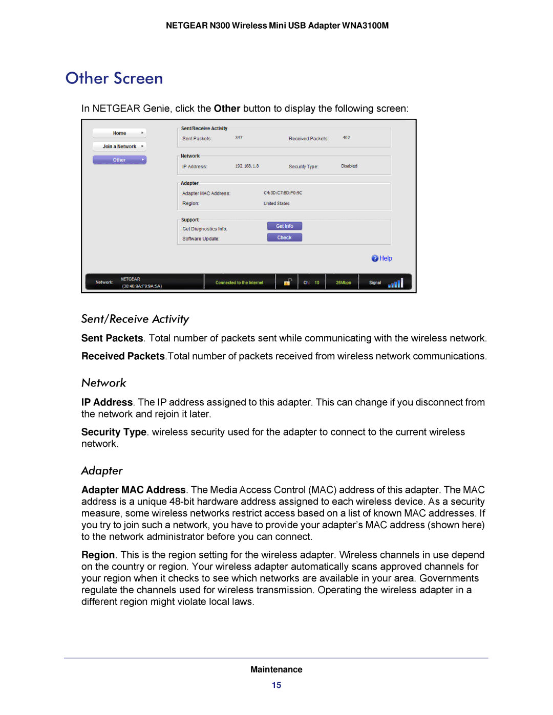 NETGEAR WNA3100M user manual Other Screen, Sent/Receive Activity 