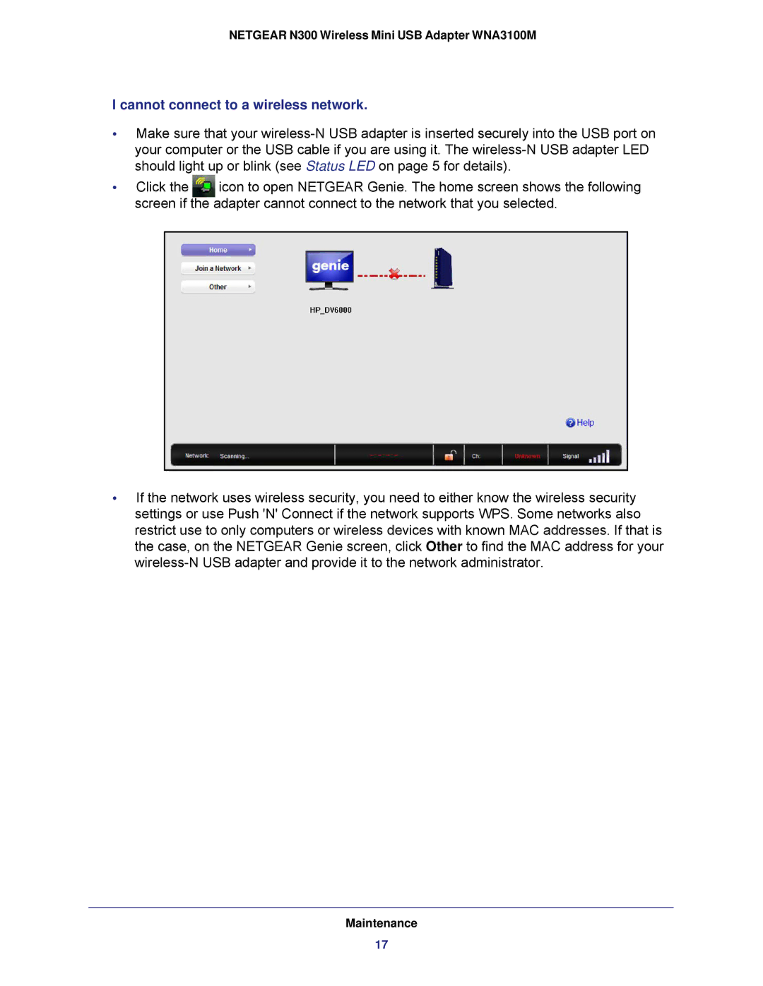 NETGEAR WNA3100M user manual Cannot connect to a wireless network 