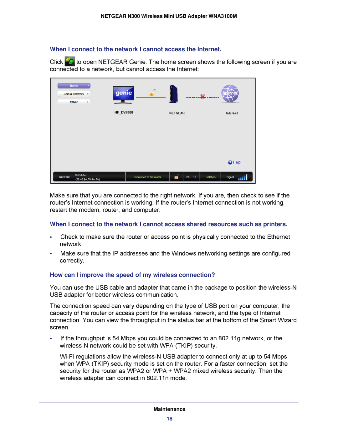 NETGEAR WNA3100M user manual When I connect to the network I cannot access the Internet 