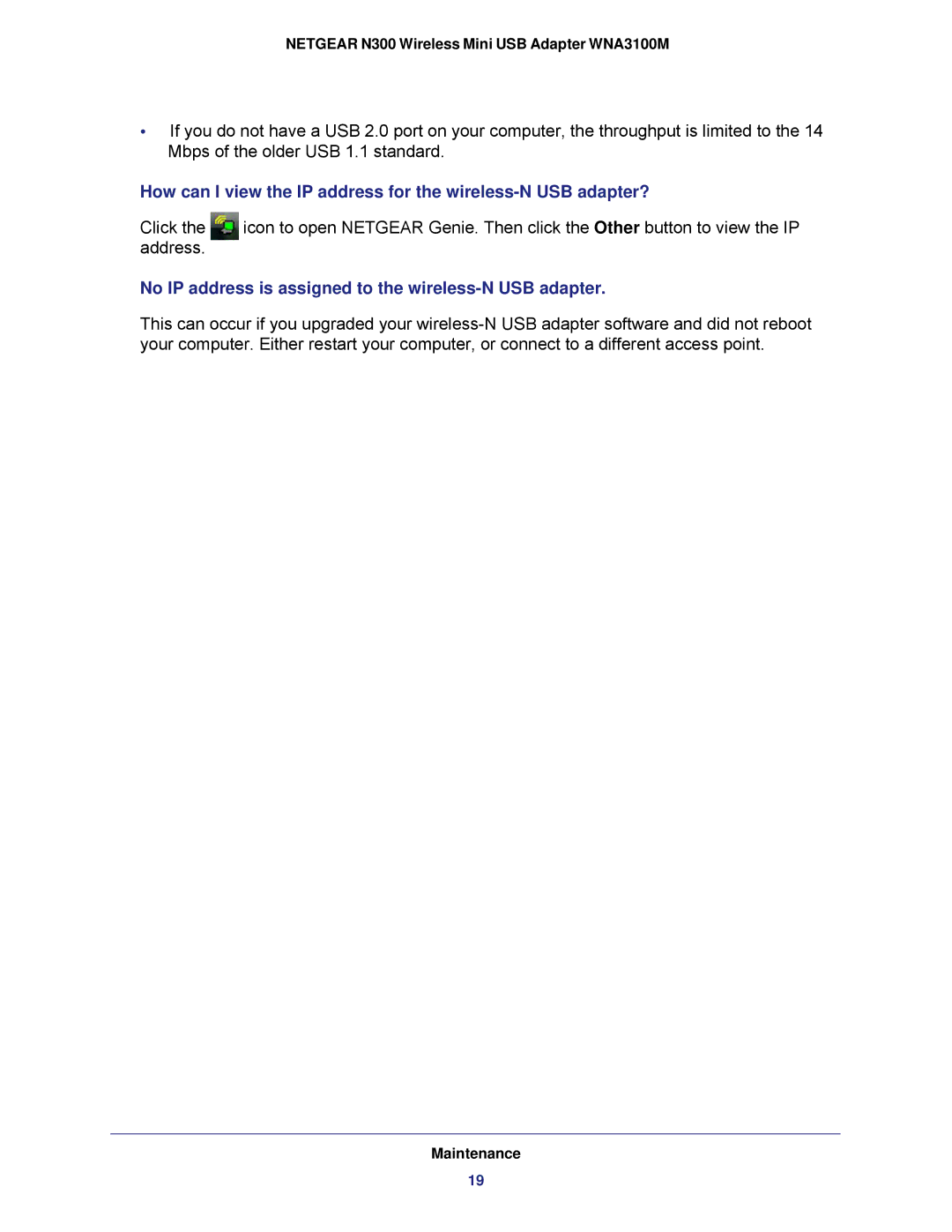 NETGEAR WNA3100M user manual No IP address is assigned to the wireless-N USB adapter 