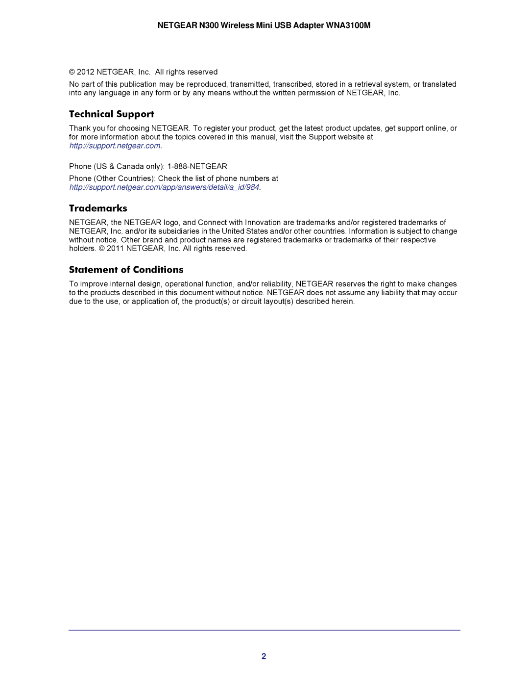 NETGEAR WNA3100M user manual Technical Support, Trademarks, Statement of Conditions 