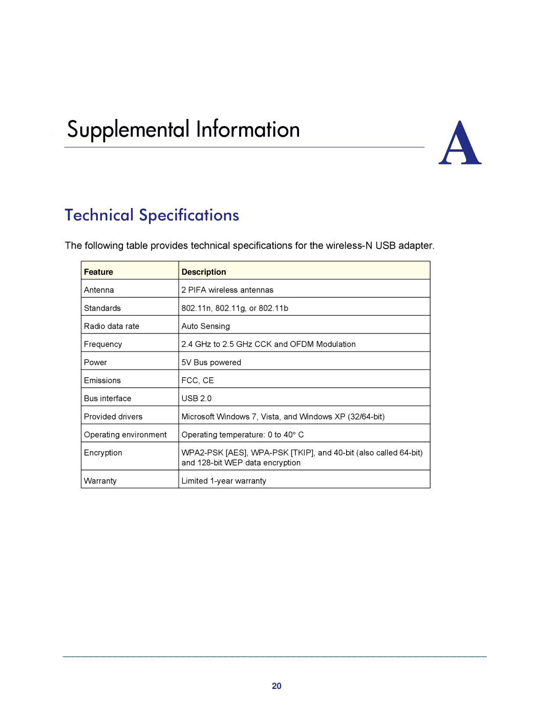 NETGEAR WNA3100M user manual Supplemental Information, Technical Specifications 