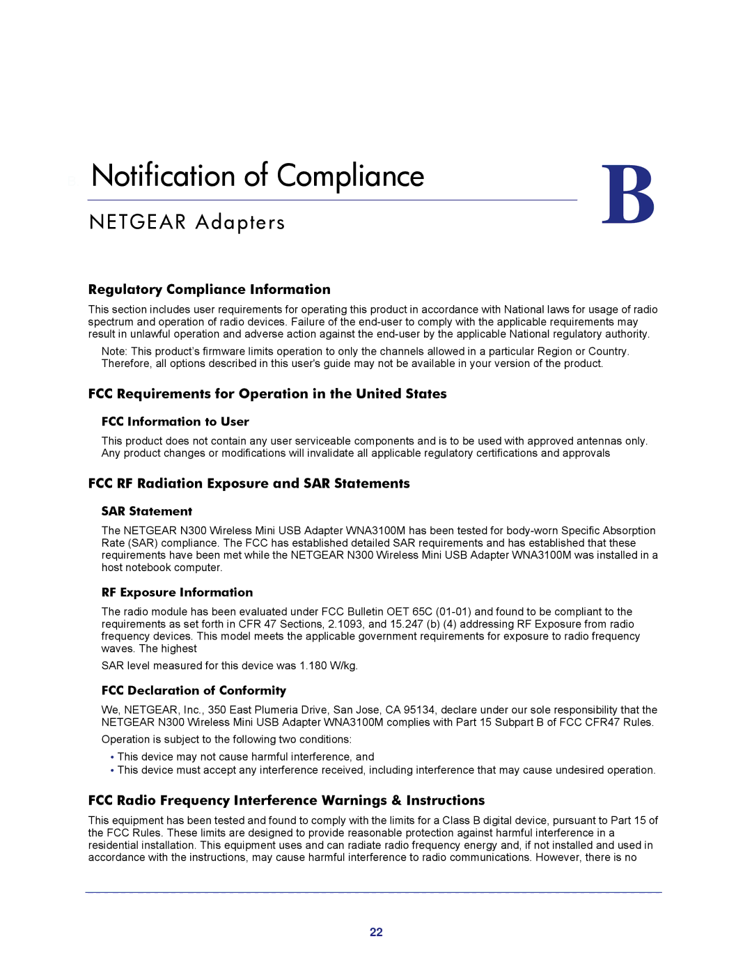 NETGEAR WNA3100M Netgear Adapters, Regulatory Compliance Information, FCC Requirements for Operation in the United States 