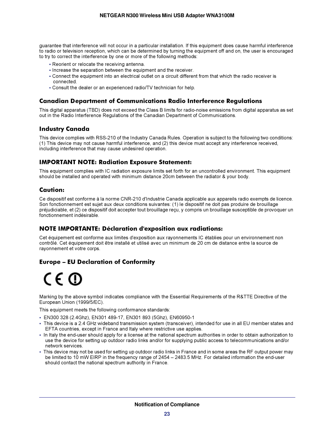 NETGEAR WNA3100M Industry Canada, Important Note Radiation Exposure Statement, Europe EU Declaration of Conformity 